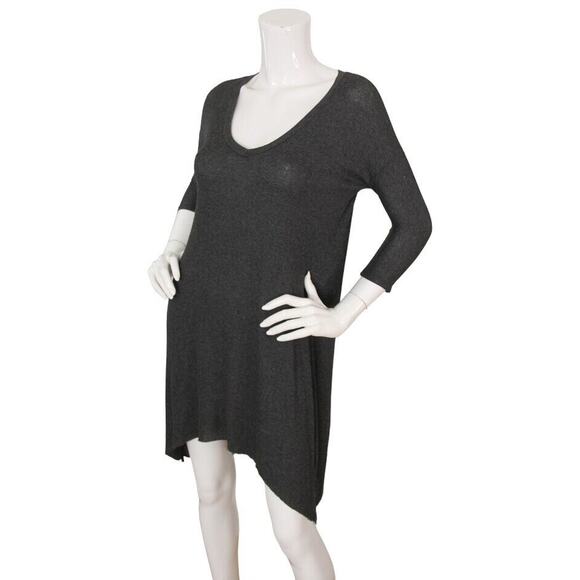 SOLD** Joah Brown Gray Rib Jersey 3/4 Sleeve V-Neck On Point Tunic Dress - Picture 2 of 4